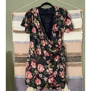 Navy Floral Satin Wrap Dress